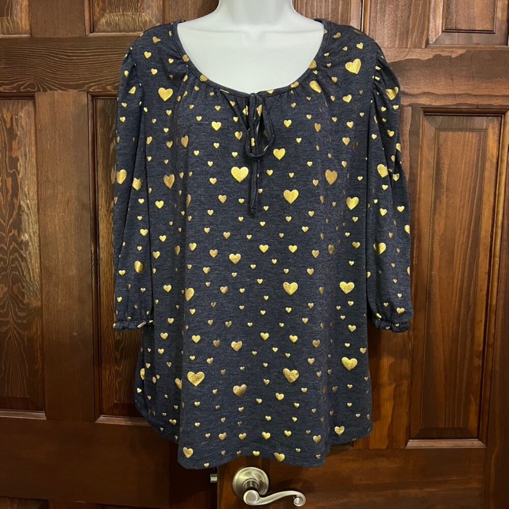 Gold Heart Blue Heathered 3/4 Sleeve Top Elastic Sleeve Keyhole Tie